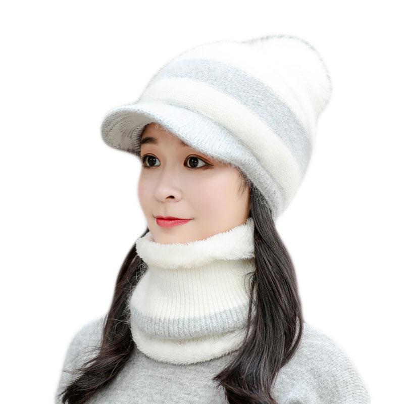 

New Female Warm Fur Knitted Hat And Scarf Set Woman Plus Velvet Collar Thickening Hats Set Winter Beret Hats For Ladies, Red