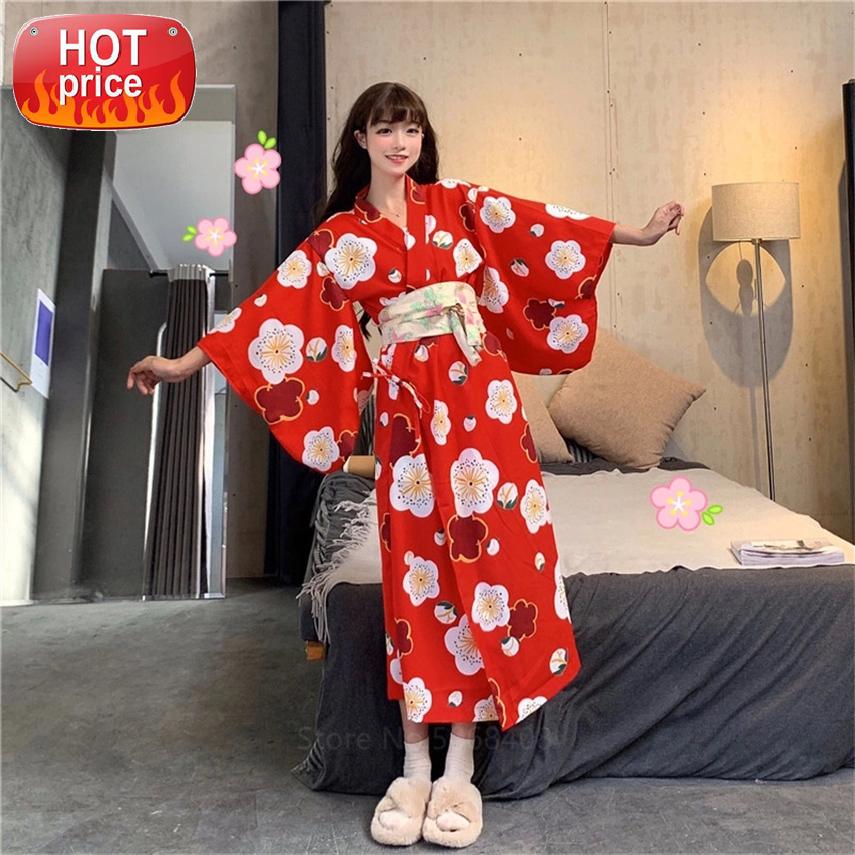 

2020 High Quality Japanese Traditional Kimono Cute Pajamas Loose Dress Girls Bath Robe with Belt Flower Print Red Sleeve Bride #Ar8u, Black;white