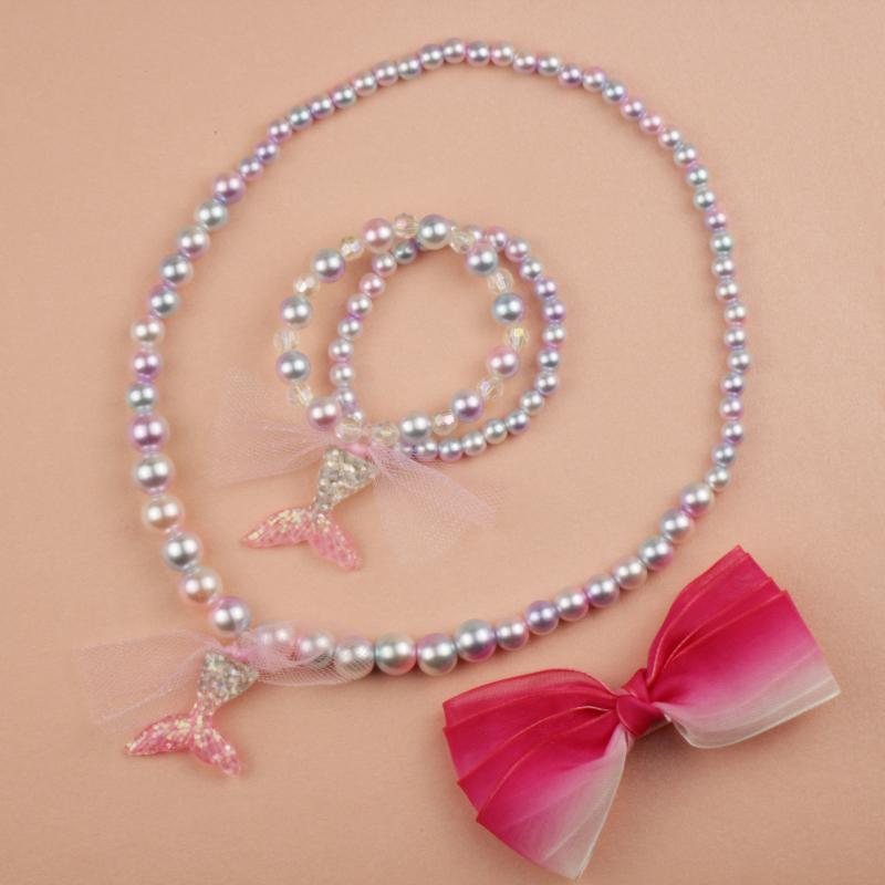 

3Pcs Set Pink Girls Mermaid Tail Pendants Bead Necklace Bracelets Hairpins Set Fashion Baby Kids Party Favors Necklace SB3