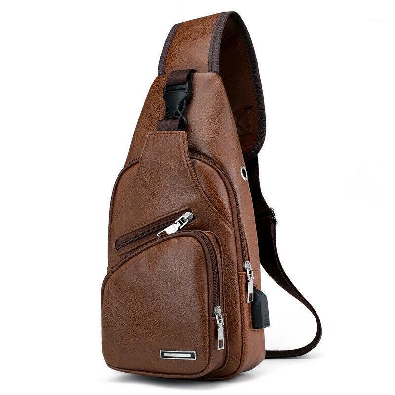 

Men's Chest Bag PU Leather Strap Messenger Bag USB Crossbody With Headphone Hole Travel Organizer Male Waist1, Black