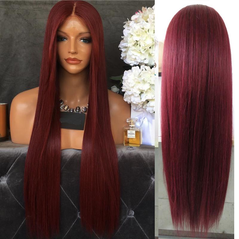 

99j Red Human Hair Wigs Silky Straight Brazilian Remy Human Hair 5x5 Silk Base Scalp Top Wigs Pre Plucked 180 Density, Natural color