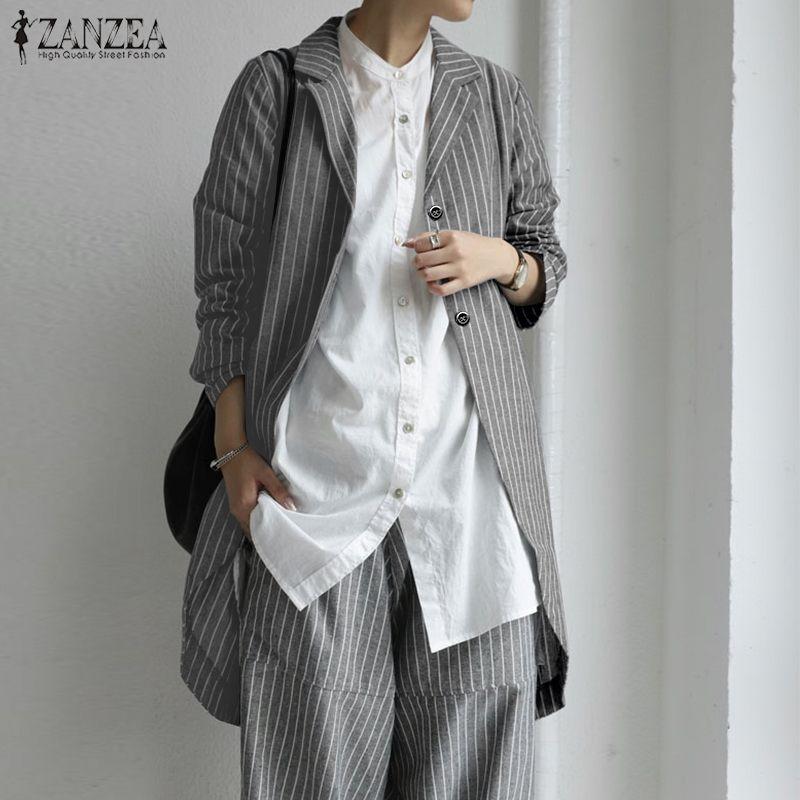 

2020 Autumn Long Sleeve Thin Coat ZANZEA Women Asymmetric Jackets Casual Button-Front Striped Suits Blazers Blazer Female 5XL, Black