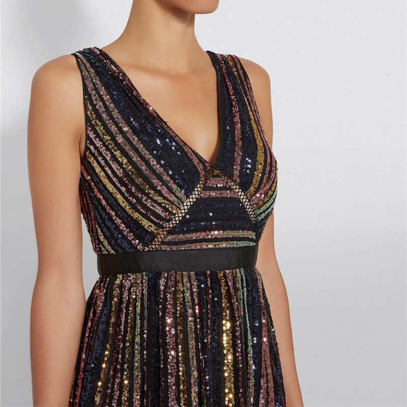 

Embroidered Sequins Bling Woman 2021 New Spring v Sleeveless Striped Neck Chic Party Dress Summer Track Tnfd, Multiple