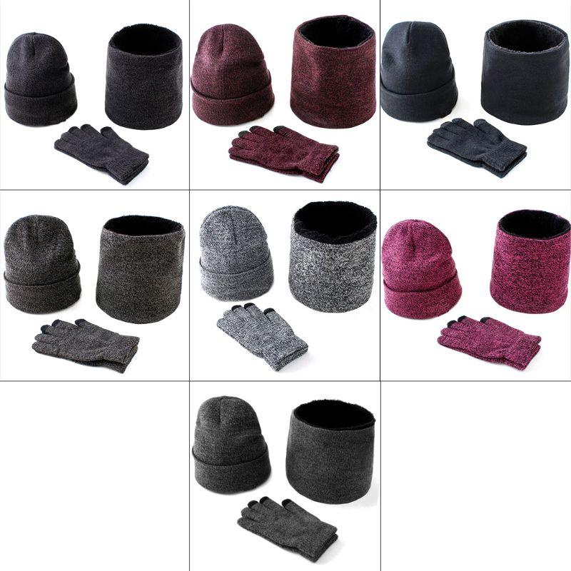 

Mens Womens 3Pcs Knitted Cuffed Beanie Hat Loop Scarf Touch Screen Gloves Set
