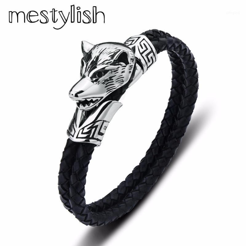 

Charm Bracelets Mestylish Arrival Stainless Steel Wolf Head Bangles Two Circles Round Band Black Leather&Punk Rock Charm's Men Bracelet