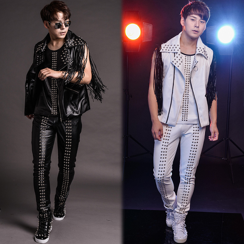 

2021 New -6xl!! Boatbar Singer Perform Stage Clothes Trend Rivet Leather Vest Fringe Singing Nice Suit FLIN, White vest