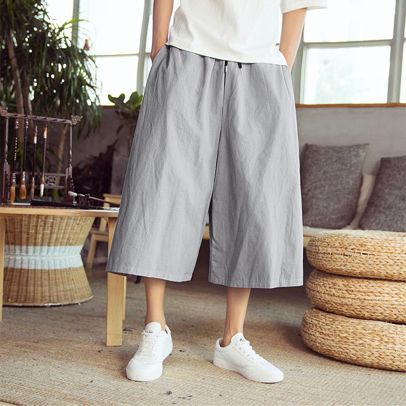

Plain Color -3XL Japanese Streetwear Hip Hop Pants Men Loose Fit Summer Casual Cropped Pants Elastic Waist Wide Leg Trousers, Gray linen pants