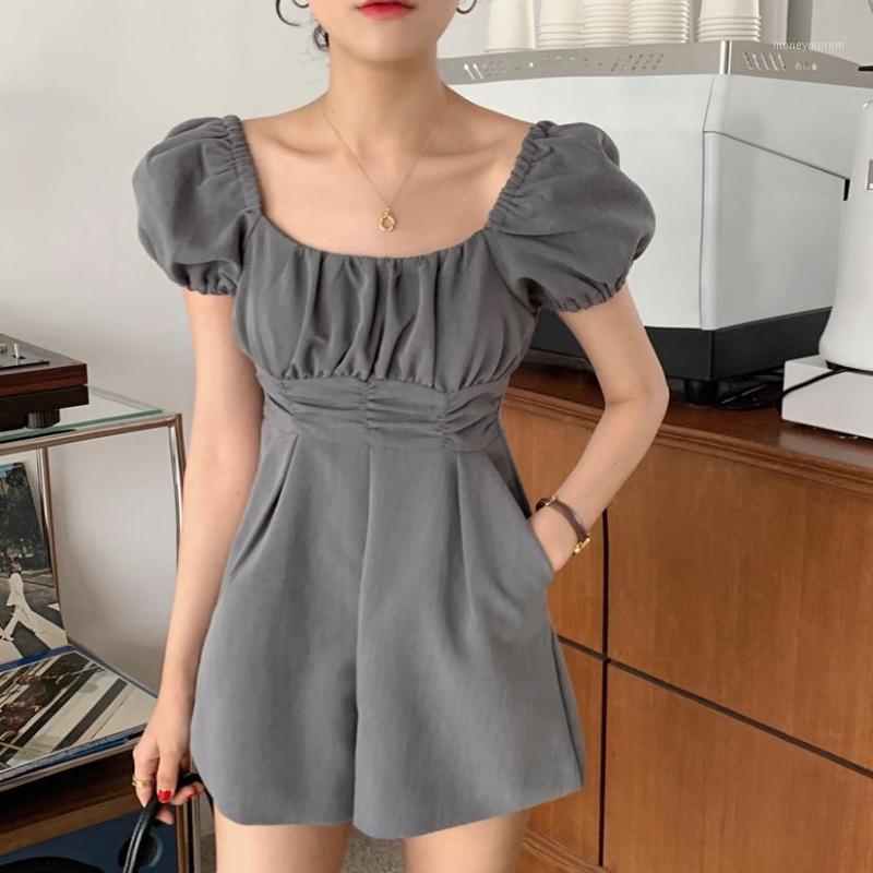 

Summer Office Lady Playsuits Stretched Square Collar Short Puff Sleeve Slim Waist Jumpsuits With Pockets Short Woman Overalls1, Gray