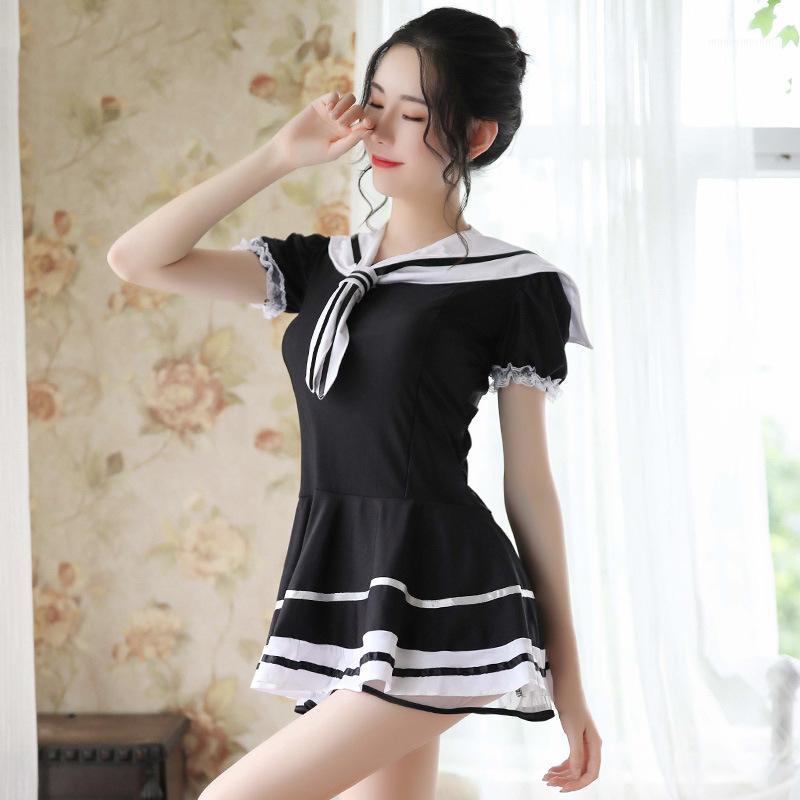 

yhotmeng sexy nightdress Women sling sleepwear Lingerie underwearlace Japanese college style dress sailor suit uniform sloth1, Black