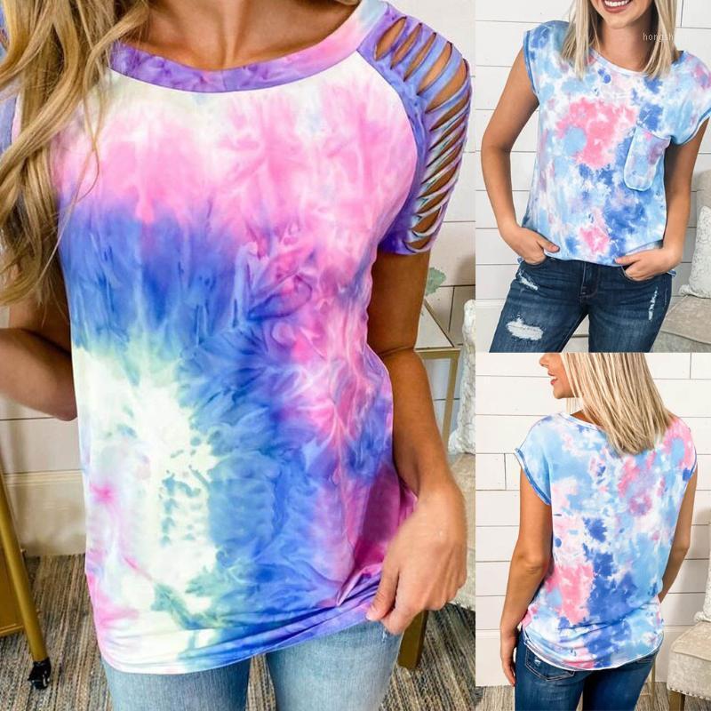 

Fashion Summer Women Tie-dye Round Neck Tassel Short Sleeve T-shirt Top 2020 New Fashion womens tshirts tops streetwear#y31, Blue