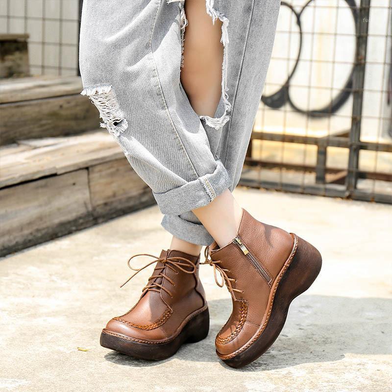 

YourSeason Winter Ladies Lace Up Genuine Leather Ladies Shoes 2021 Concise Ankle Women Platform Wedges Boots Increase Height1, Black