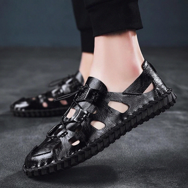 

Sandals Men Shoes Gladiator Mens Sandals handmade sewing leather Fashion Men Shoes outdoor Summer breathable Flat Sandals #Ti4D, Black