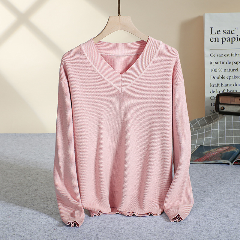 

2021 New V-neck Loose Korean Autumn Winter Thick Coarse Wool Pullover Oversize Women Lazy Big Sweater Female Cashmere Top 24bd, Pink