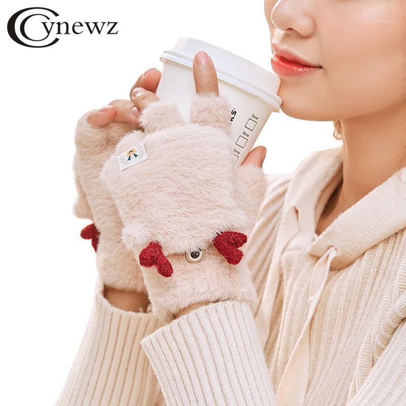 

Five Fingers Gloves Winter Women Fingerless Keep Warm Soft Wool Cute Lady Mittens Christmas Deer Fashion Female Flip Cover Half Finger Glove