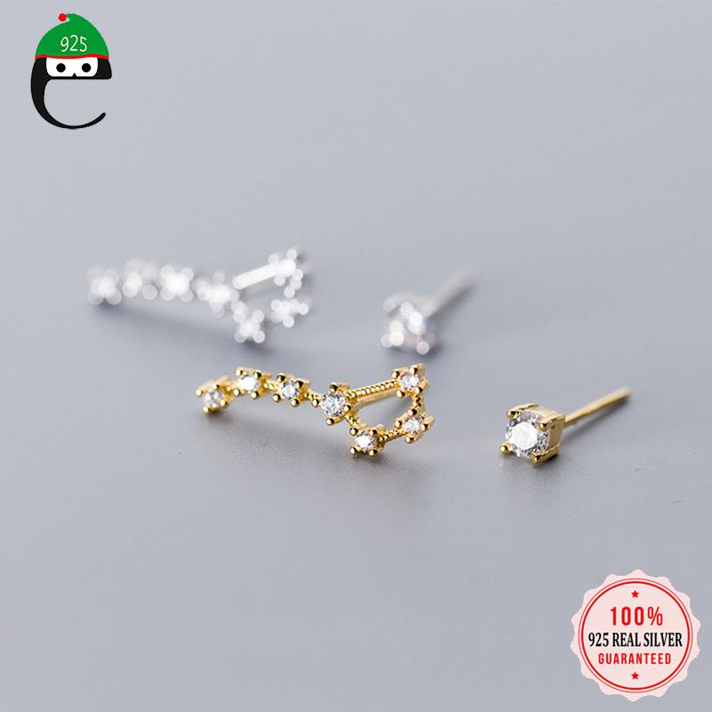 

ElfoPlataSi 100% 925 Solid Real Sterling Silver Asymmetric Big Dipper CZ Stud Earring For Women Girl Anti-allergy Jewelry XY1168