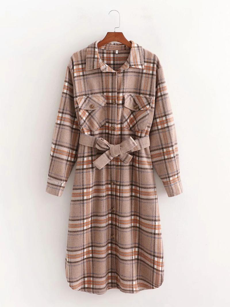 

Vintage Elegant With Sashes Plaid Woolen Jacket Women Fashion Lapel Collar Slim Waist Long Coat Female Chic Outerwear, As pic