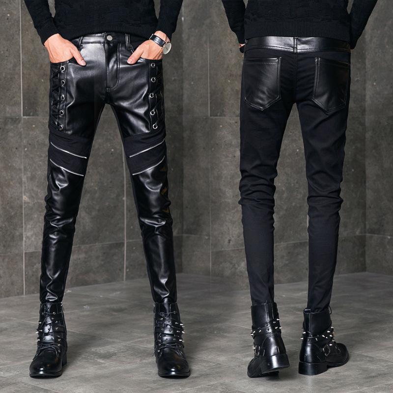 

2021 Men's Stitching Semi-Leather Pants Youth Autumn and Winter Motorcycle Slim Fit Trendy Skinny Trousers, Black