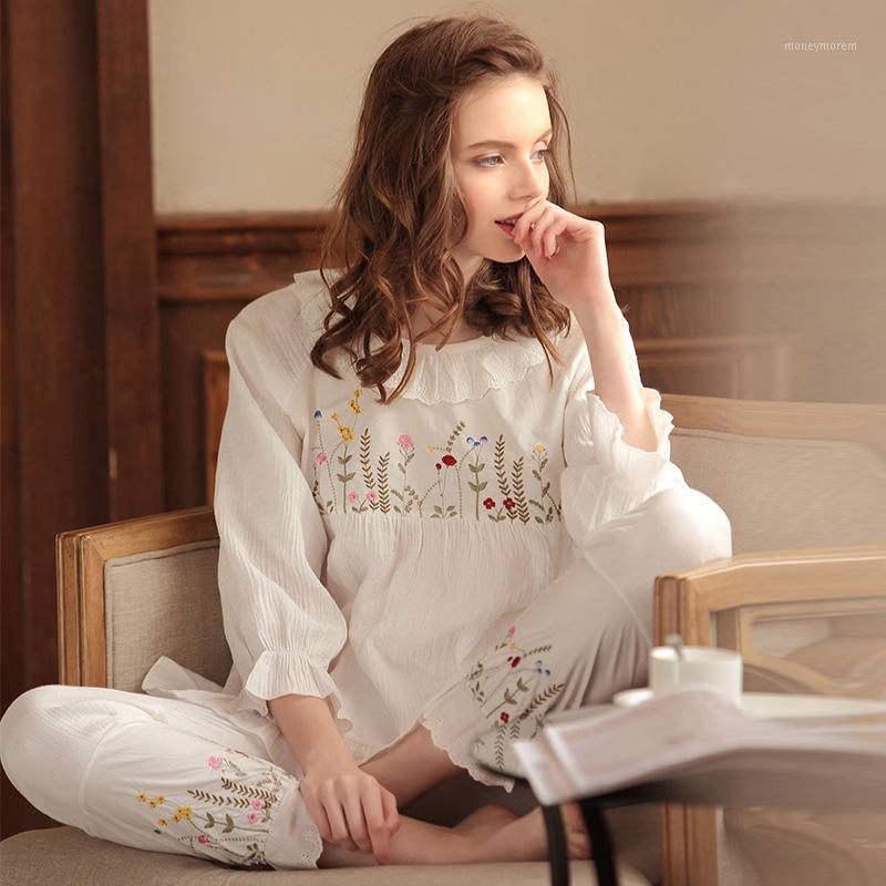 

Cotton Women's Pajamas Set With Pants Lace Embroidery Ruffles Bow White Princess Cute Nightie suit pants and t-shirt Sleepwear1, Ivory