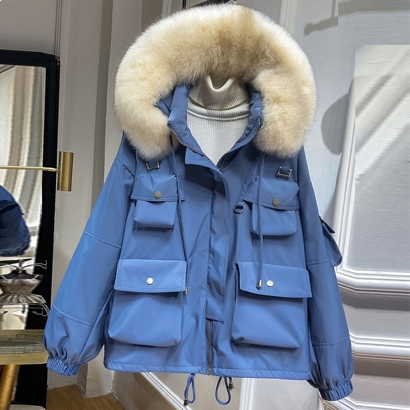 

Real 2021 New Natural Foxskin Collar Winter under Coat Women's Jackets Short Oversize Thick Hot with Hood Down Parkas RWQX, Green.