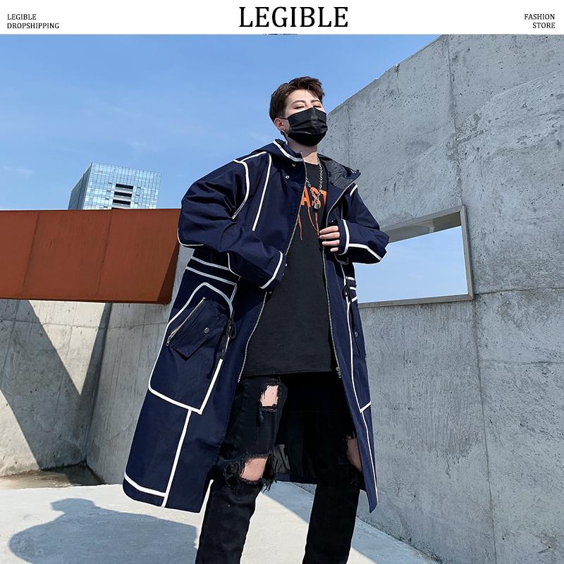

LEGIBLE Long Jacket Mens Spring Autumn Korean Loose Casual Men Windbreaker Solid Trench Coat for Men Clothing, Navy