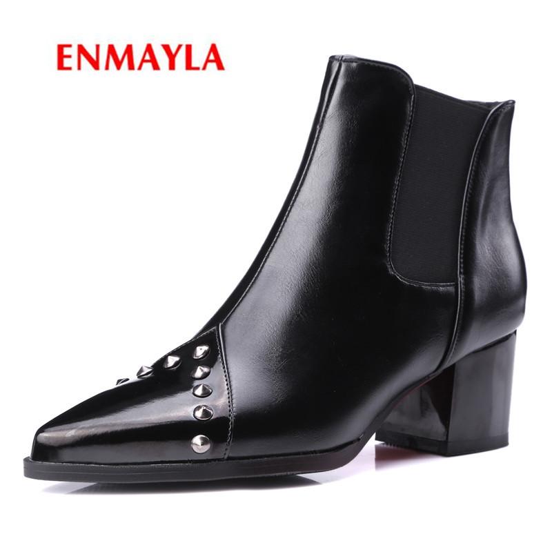 

ENMAYLA 2020 New fashion women pointed toe square heel color block ankle boots lady rivet slip-on boots ZYL512, Black