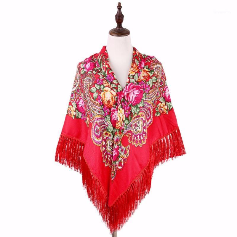 

fashion folk art 140*140 National Wind Twill Cotton and silk Tassel Russian Style high qualiy Print Scarf Shawl Floral Headscarf1