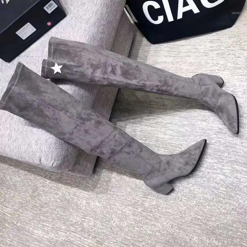 

ins hot lady stretch thigh high boot woman low chunky heel over knee high boots black grey pointed toe chunky low heel boots1