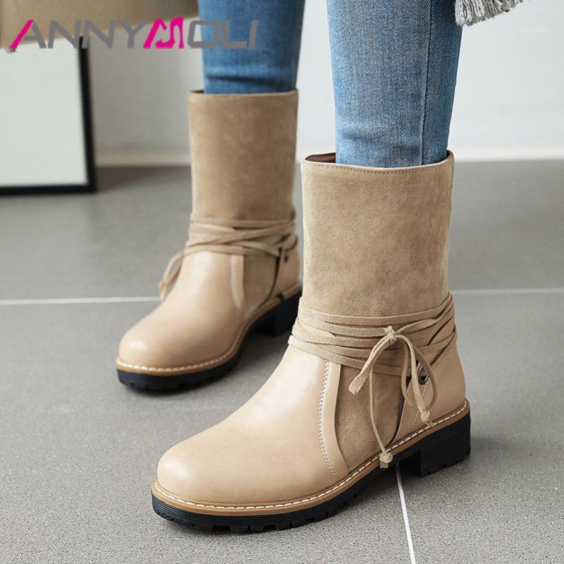 

ANNYMOLI Ankle Boots Med Heel Boots Woman Chunky Heel Short Cross Tied Female Shoes Autumn Winter Black Beige Big Size 431