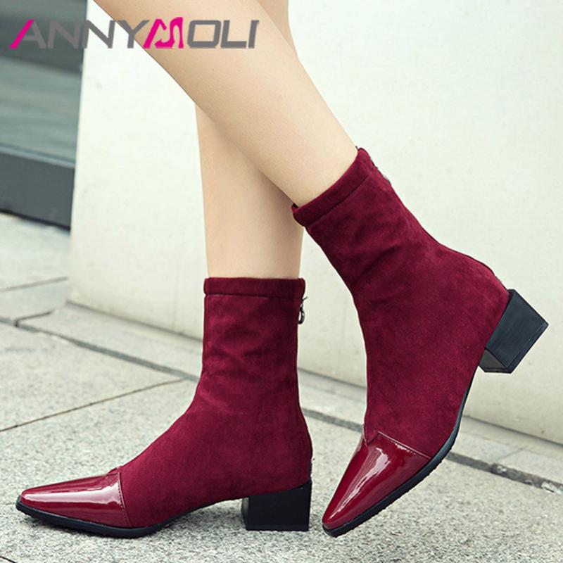 

ANNYMOLI Pointed Toe Mid Calf Boots Med Heel Boots Woman Thick Heel Shoes Zip Female Footwear Autumn Winter Wine Red Big Size 46