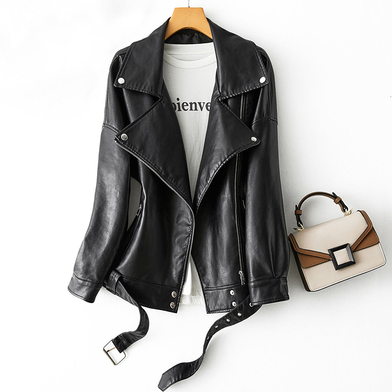 

2021 New Spring Women Overiszed Turndown Collar with Belt Black Plutonium Leather Jacket Outwear 0X7X