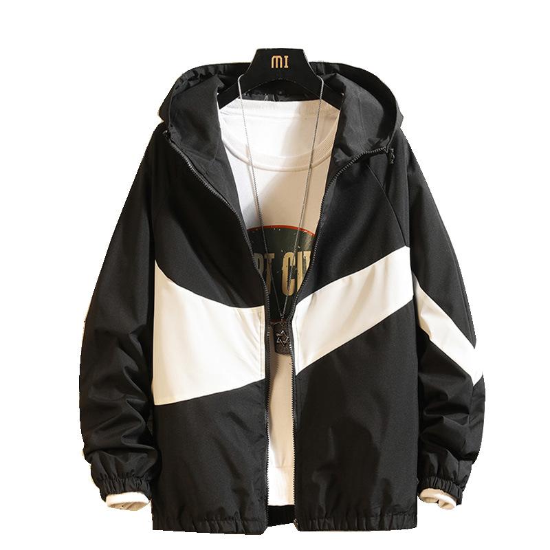 

Jacket Men New Hooded Spring Autumn Fashion Patchwork Color Block Coat Casual lover Jacket Hip hop Windbreaker zipper Parka Men, White