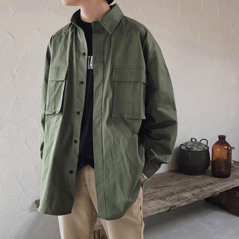 

Leisure Pure Color Coat Japanese Style Long-sleeved Shirt Tide Restoring Ancient Ways Men Contracted Joker Loose Tooling Shirt, Black