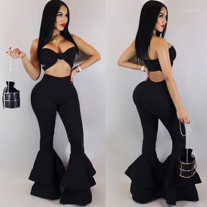 

New Arrival Fashion Casual Women' Ruffle Flare Pants High-Waist Trousers Solid Party Dance Club Loose Wide-Leg Fall Bottom1, Black