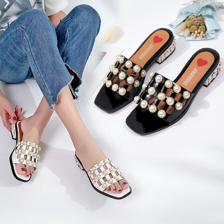 

summer newstyle withKorean style hollowed out fashion ladies one-word drag thick heel flat sandals and slippers for outer wear1, Black