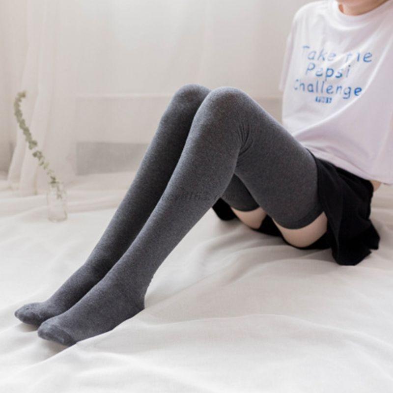 

Womens Winter Extra Long Cotton Thigh High Stockings Solid Color Elastic Rib Top Over the Knee Boot Student, White