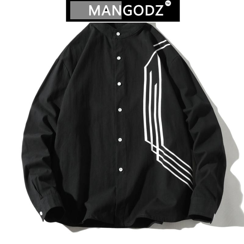 

Stand Long Sleeve Shirts Men 2021 Spring New Mens Clothing Vintage Striped Oversized Harajuku Shirt Streetwear Camisa Masculina, Black