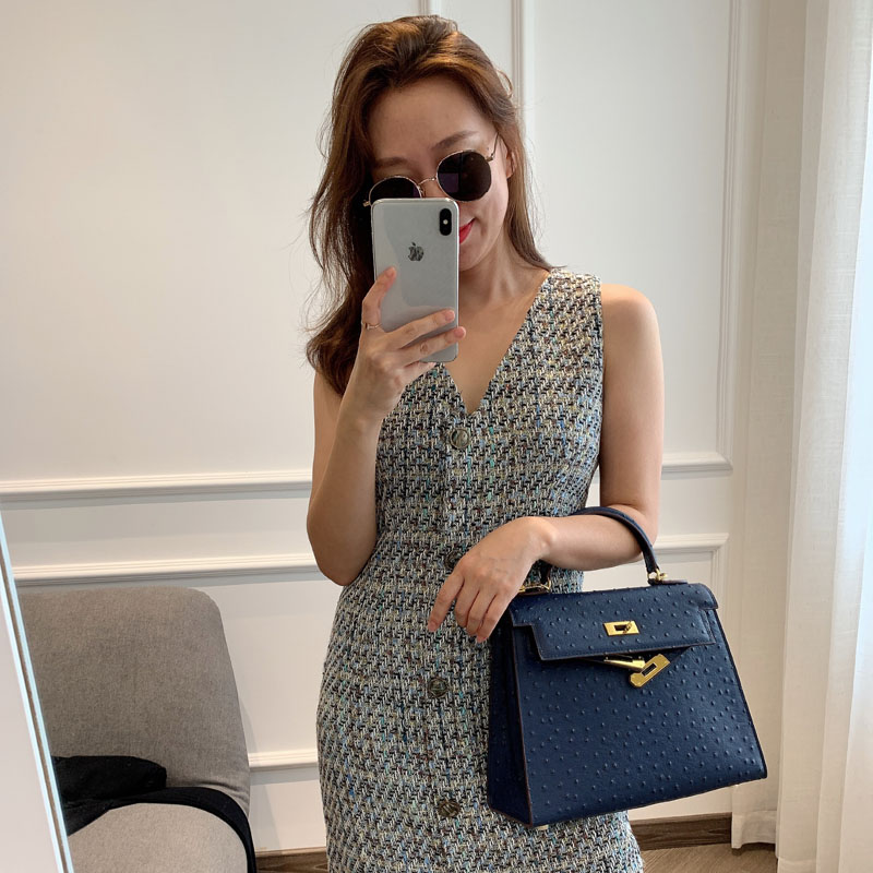 

gift Womens Bag Customized Ostrich Grain Cowhide Gu Jia Same Portable Crossbody, Dark blue 25cm (only 30 of the same styl