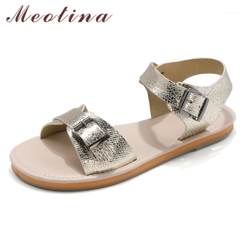 

Meotina Sandals Women Buckle Flat Women Shoes Round Toe Flat Footwear Ladies Summer Causal Sandals Female Golden Large Size 461, Gold