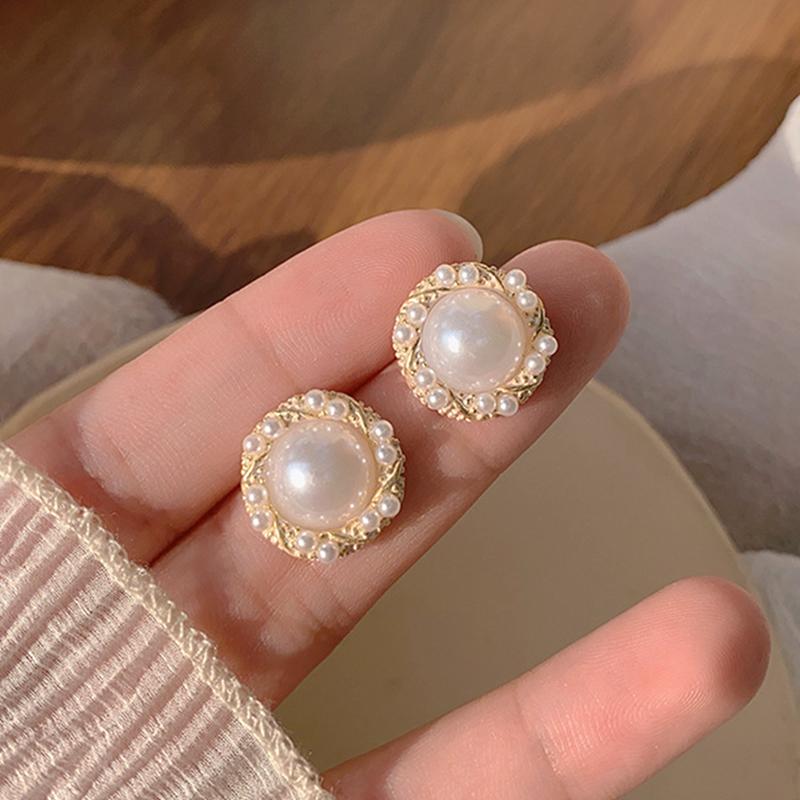 

Stud Trendy Elegant 14K Real Gold Round Shape Pearl Earrings For Women Korean Fashion Jewelry S925 Silver Needle Party Ins, Golden;silver