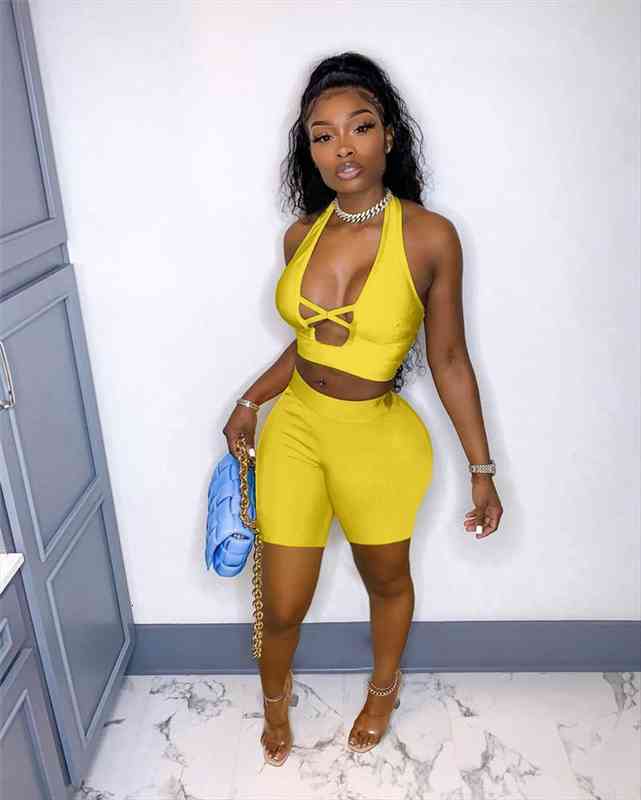 

Summer Streetwear Bodycon 2 Piece Sets Women Outfits Backless Sleeveless Hollow Out Halter Tank Crop Top Biker Shorts, Gray