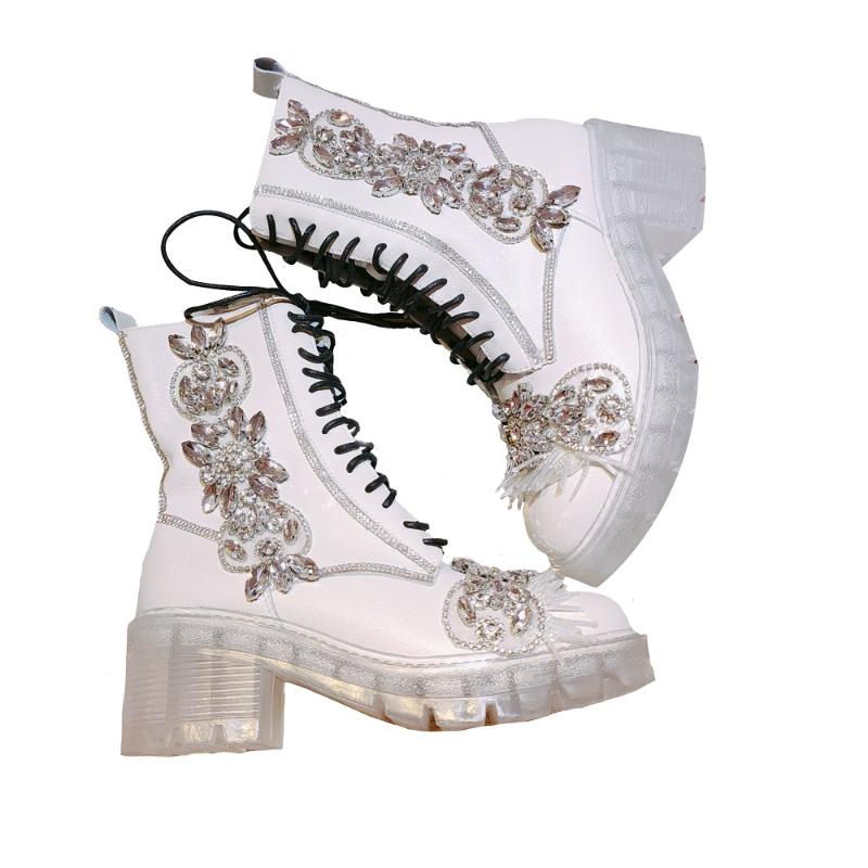 

Silver Crystals High Heels Boots Women Lace Up Rhinestones Bridal Wedding Ankle Boots Combat Autumn Winter Shoes Woman, White