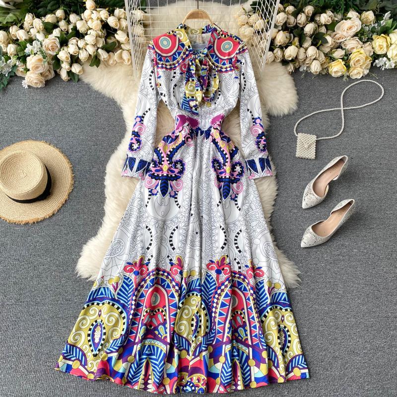

2021 New Female singer retro impression maxi chic bow collar line dressed bohemian autumn streetwear long dress L7U7, White