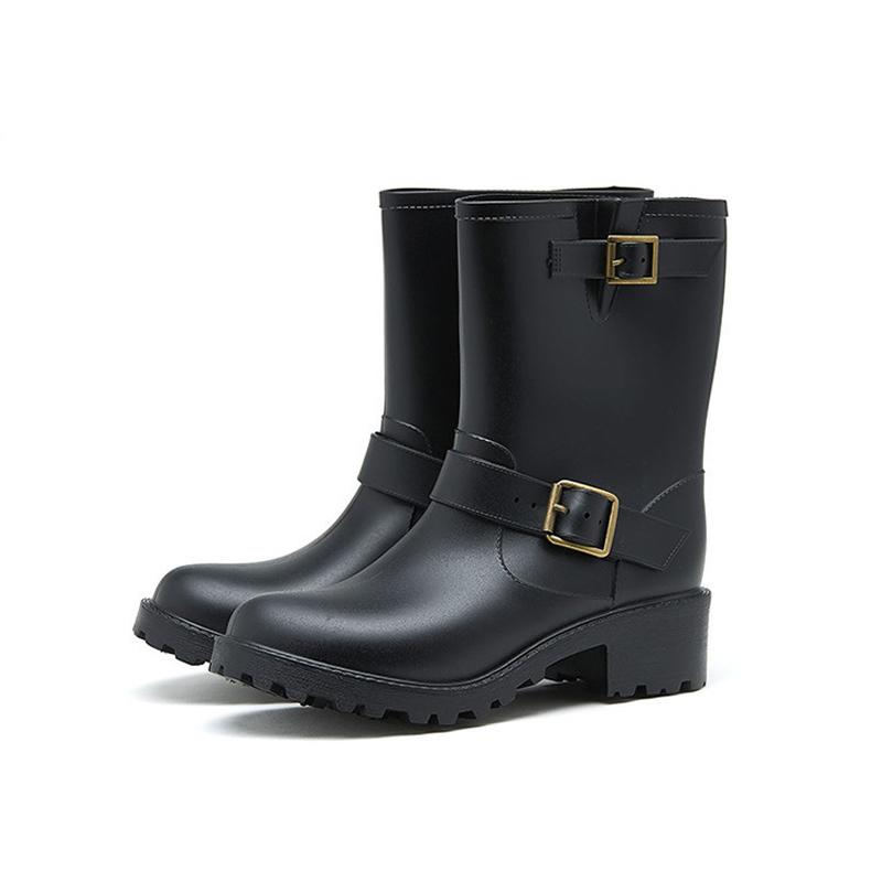 

2020 Women Rain Boots Leather Western Boots Women Shoes Woman Ankle Buckle Solid Plus Size Square Low Heels Water Shoes, Brown