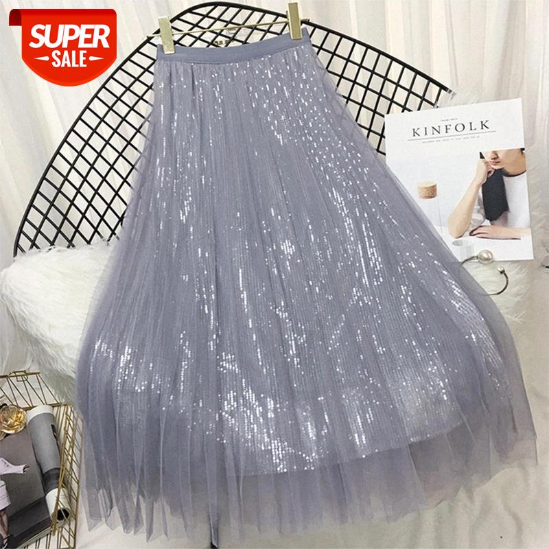 

Spring Summer Skirts Women Korea Long Tulle Skirt Sequined Pleated A Line Midi Skirt Chic High Waist Female #E95F, White;black