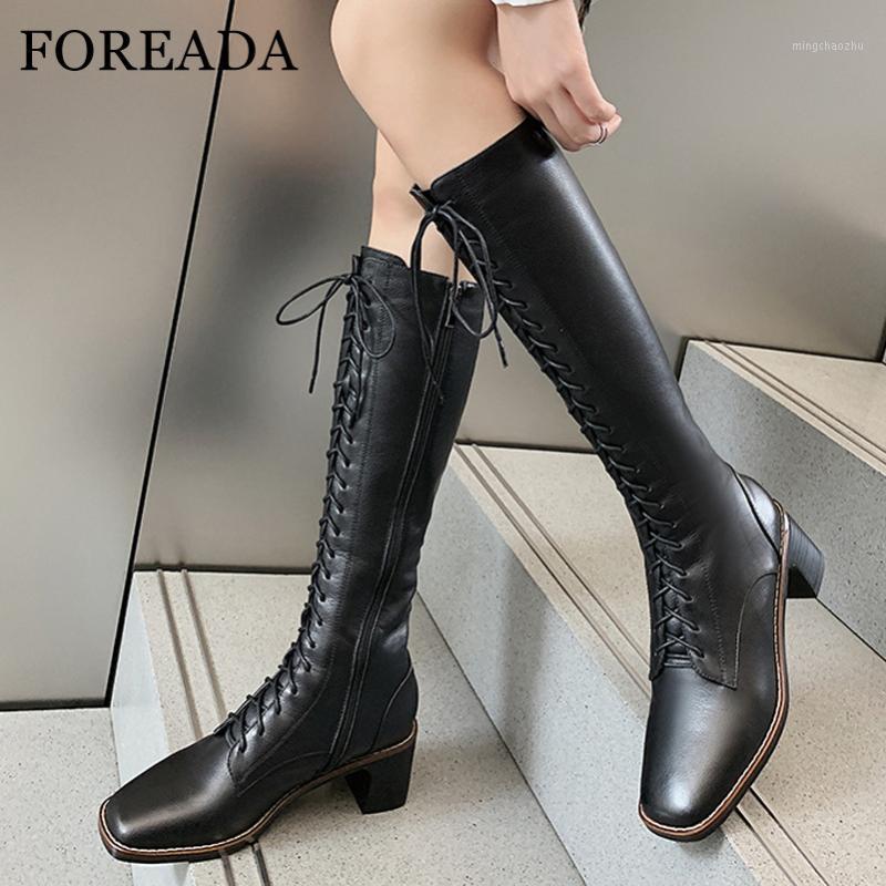 

FOREADA Real Leather High Heel Woman Boots Lace Up Thick Heel Knee High Boots Square Toe Long Zipper Ladies Shoes Beige 401, Beige velvet lining