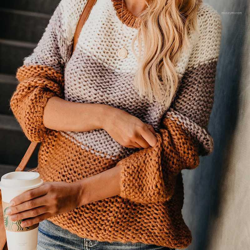 

2019 Autumn Winter Women Pullover Sweater Khaki Block Loose Knitted Tops Fashion Female Lantern Sleeve Jumpers Plus Size sweater1, Orange