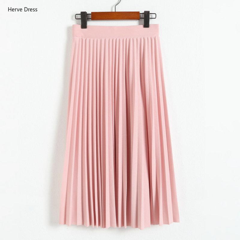

Cheap Spring Summer Fashion Women Skirt 2021 Elastic High Waist Solid Half Length Pleated Skirts Ladies Black Pink Midi Skirt, 05