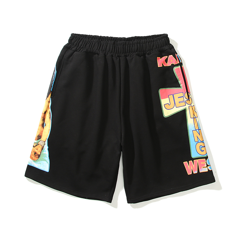 

2021 New Kanye West Jesus Is King Color Cross Print Summer Shorts Mens Elastic Waist Hip Hop Terry Cotton Knee Length Pants Oversize Mtqc, White