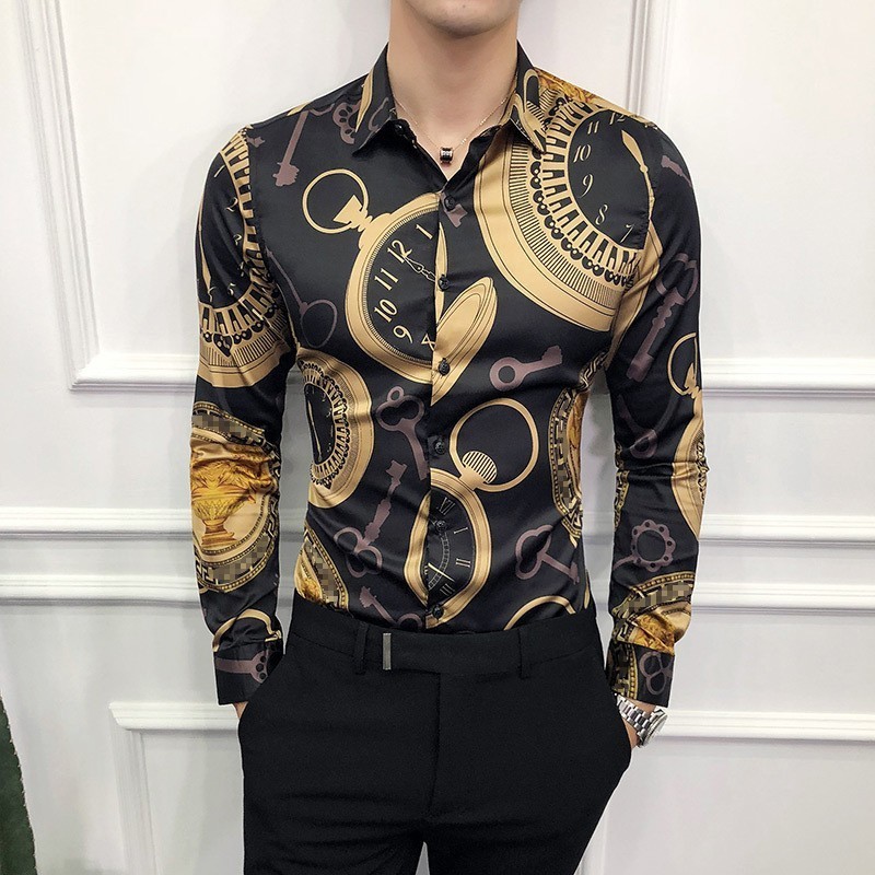 

Casual Shirt Men Long Sleeve Gold Shirt 2019 Korean Dress Slim Fit Luxury Tuxedo Shirts Fashion Night Club Work Social Shirt 6XL, Black nz