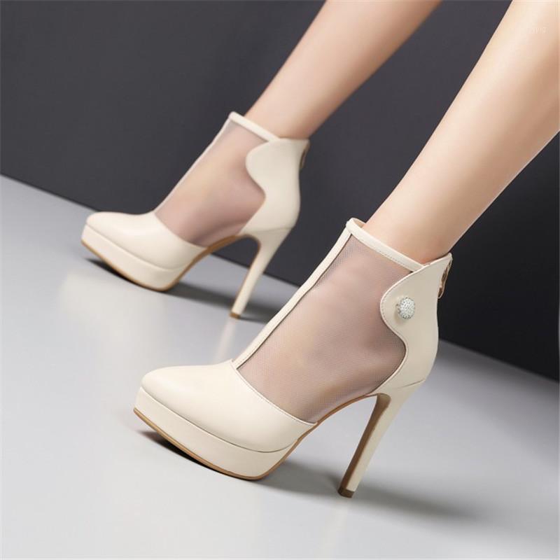 

PXELENA 2020 Spring Summer Shoes Women Mesh Ankle Boots Crystal Stiletto High Heels Rome Gladiator Pumps Party Office Lady Black1, Apricot